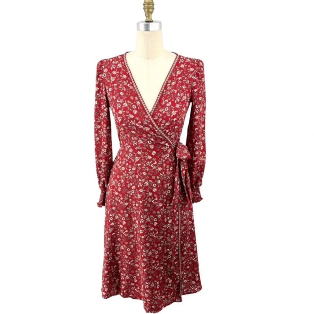 NWT Max Studio Balloon Sleeve Red Floral Wrap Dress Size S - Picture 2 of 9